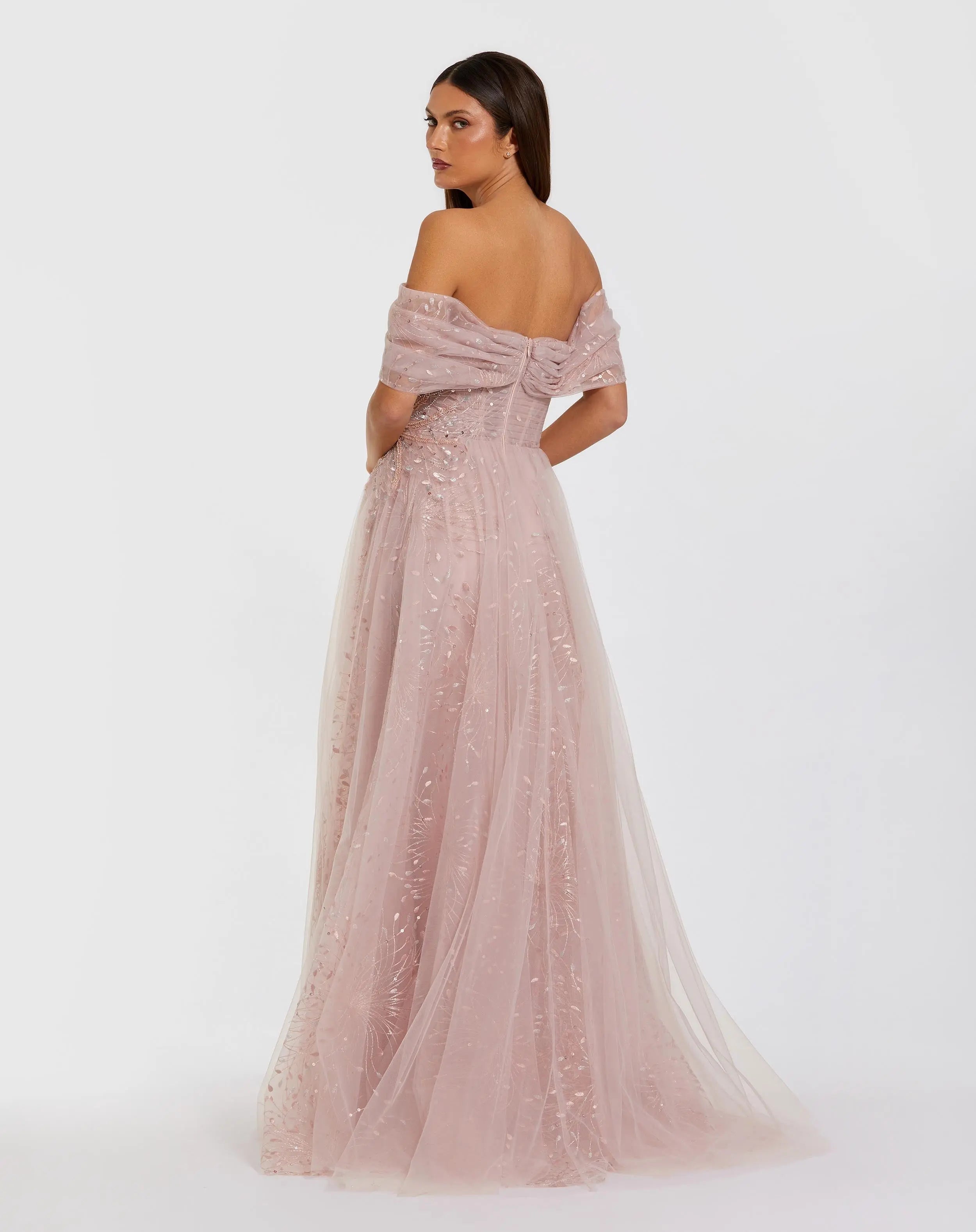 Pink Embroidered Tulle Off The Shoulder Ball Gown