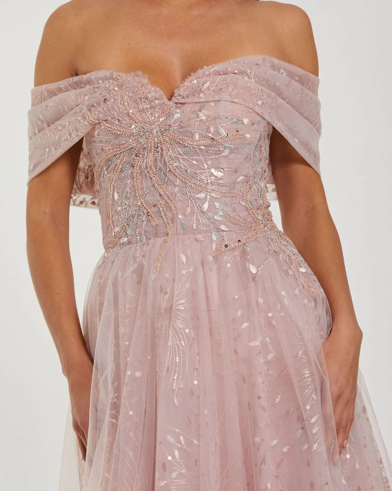 Pink Embroidered Tulle Off The Shoulder Ball Gown