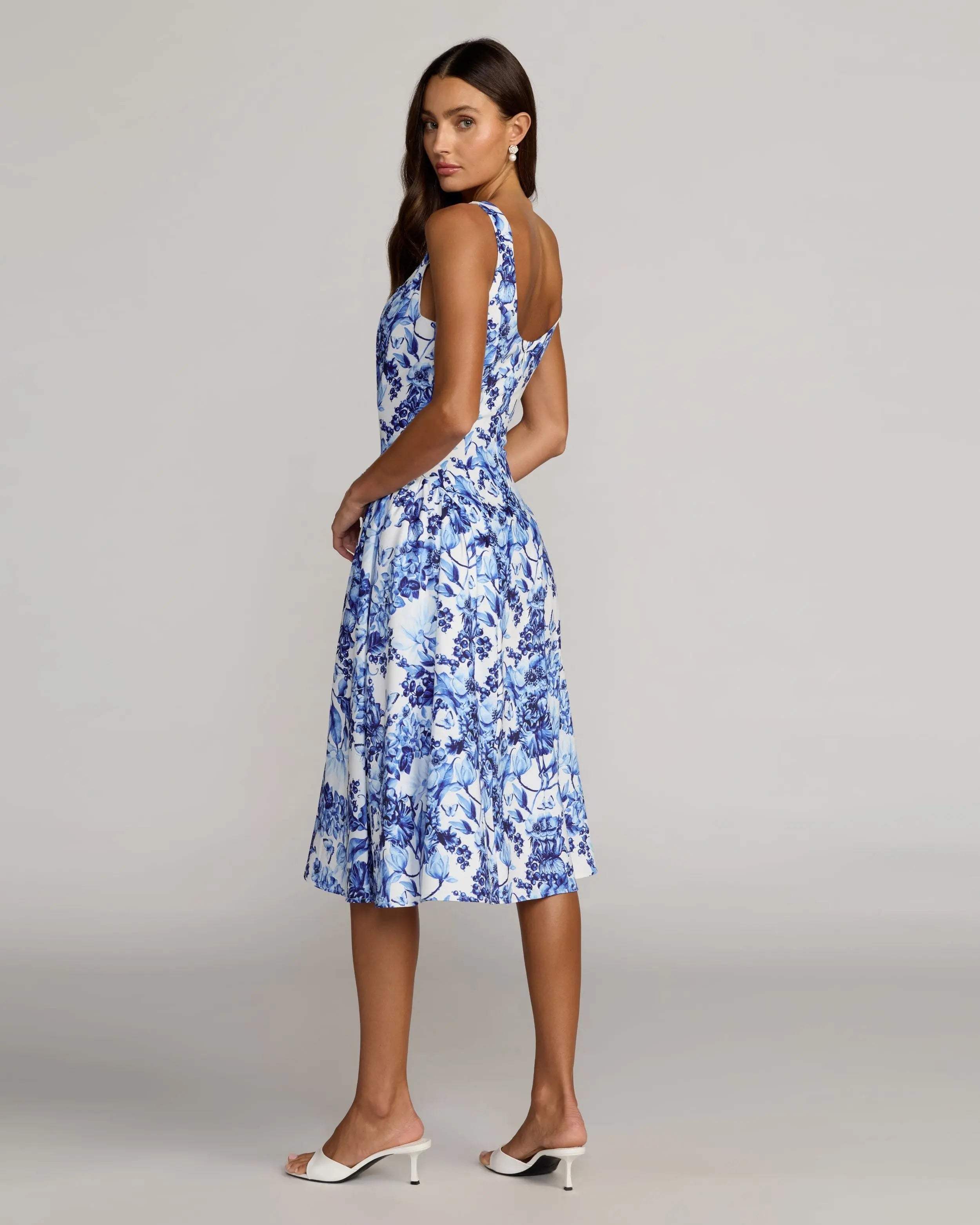 Blue Sleeveless Floral A-Line Midi Dress