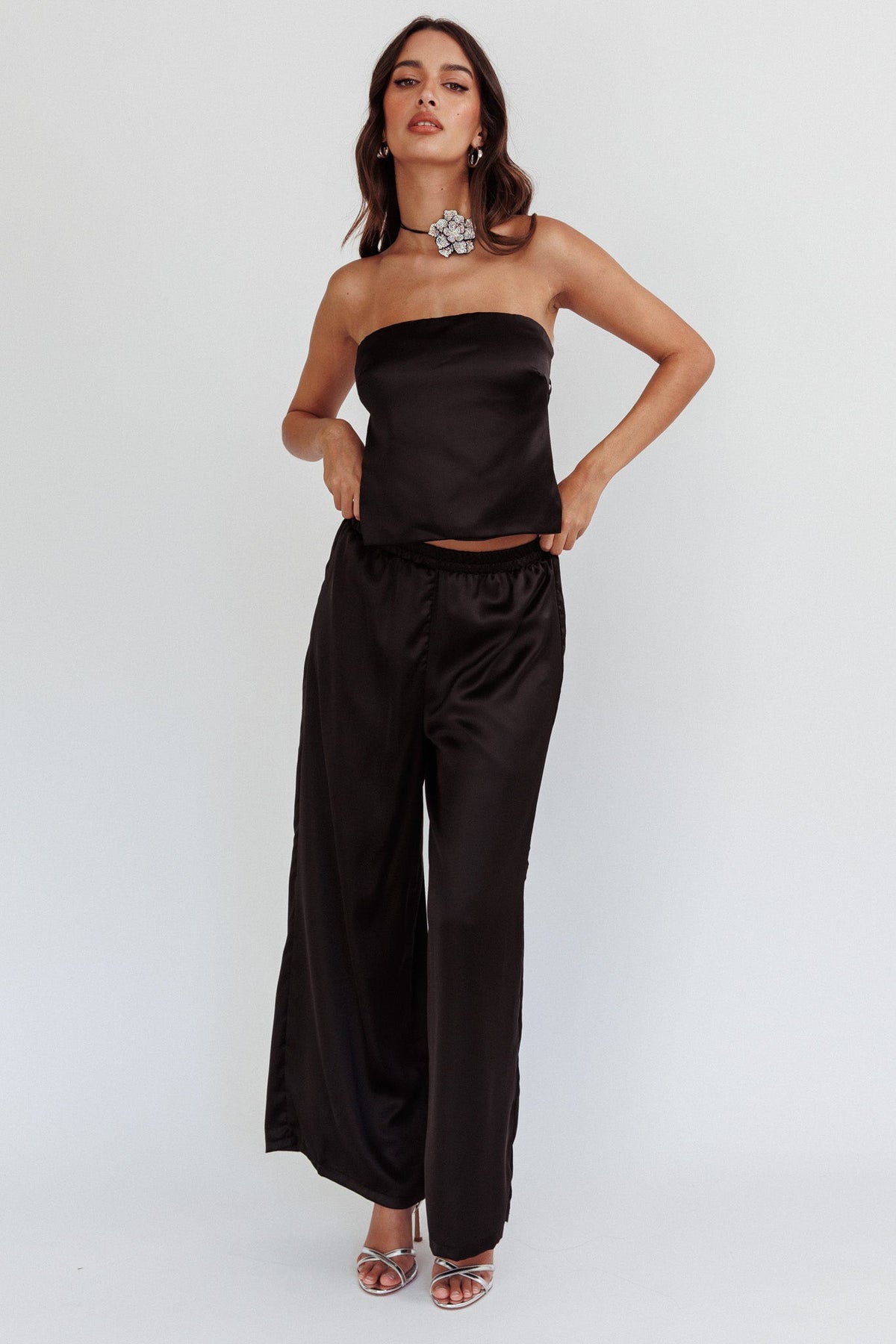 Panama Beach Wide Leg Satin Pants Black
