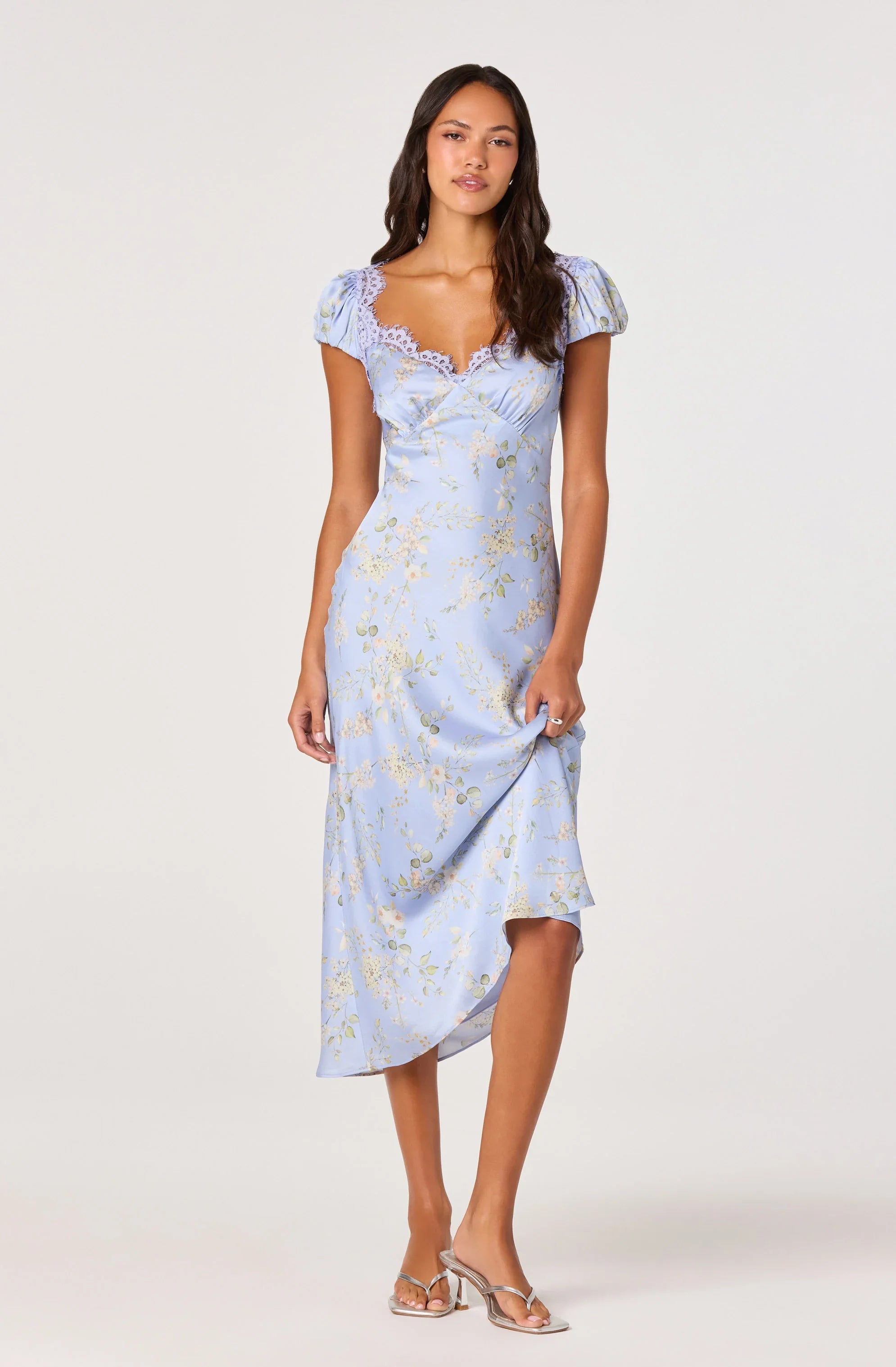 Inixyf Makaela Puff Sleeve Floral Satin Midi Dress