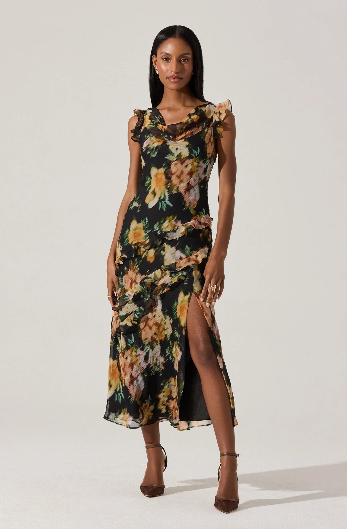 Lbruh Alinta Floral Ruffle Cowl Neck Midi Dress
