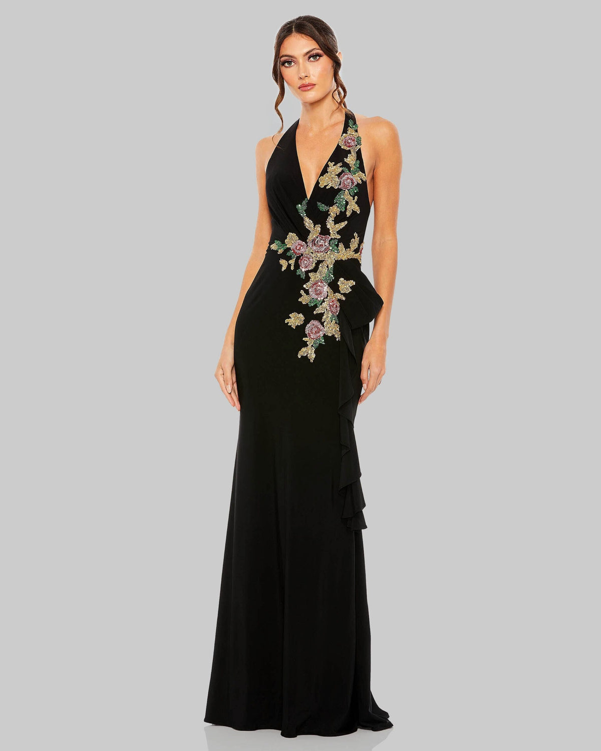 Black Halter Floral Embellished Column Gown