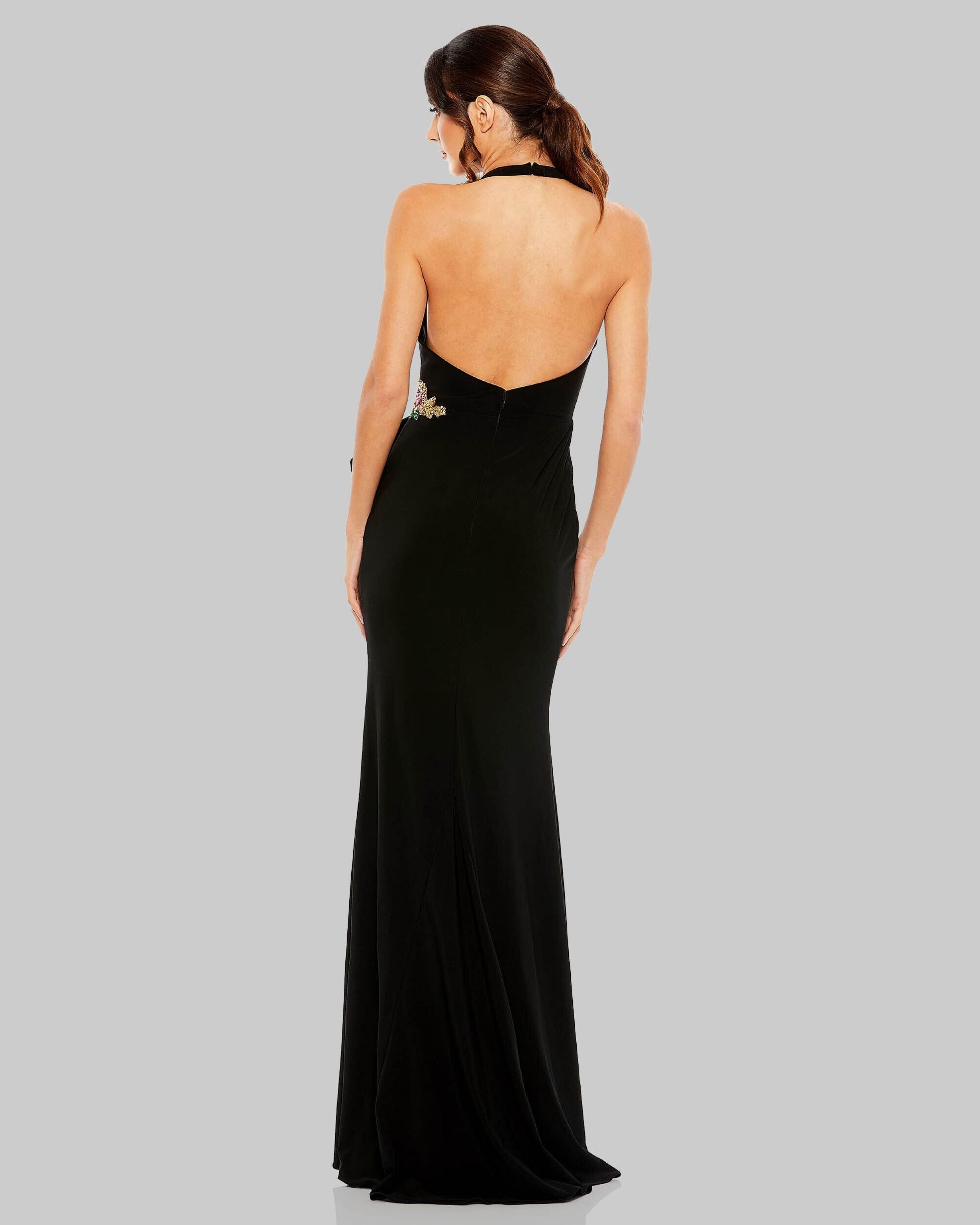 Black Halter Floral Embellished Column Gown