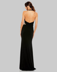 Black Halter Floral Embellished Column Gown