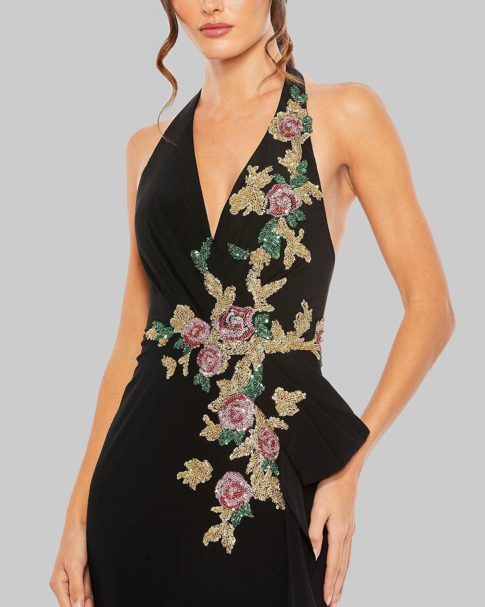 Black Halter Floral Embellished Column Gown
