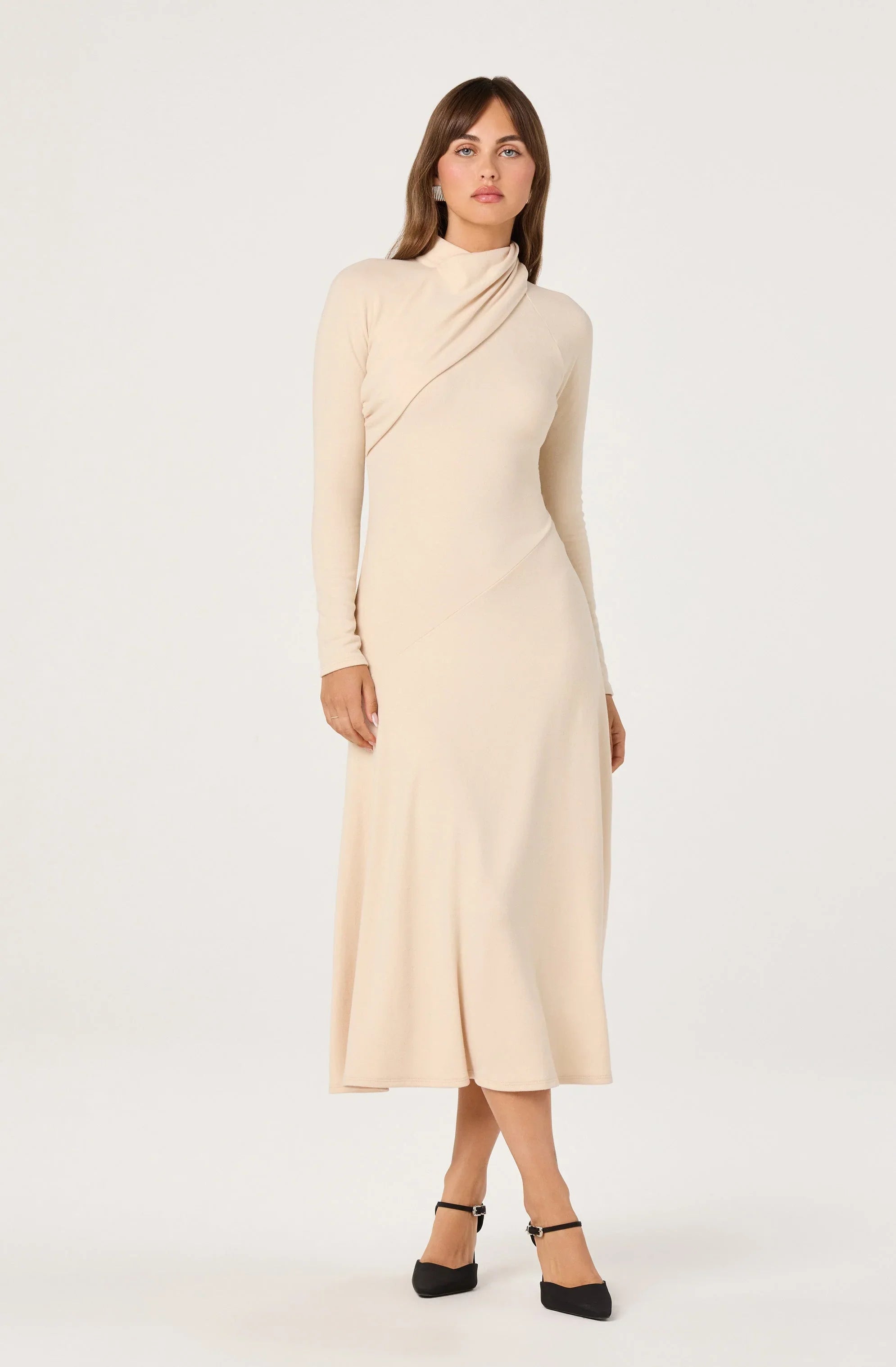 Lbruh Asymmetric Draped Mock Neck Midi Dress