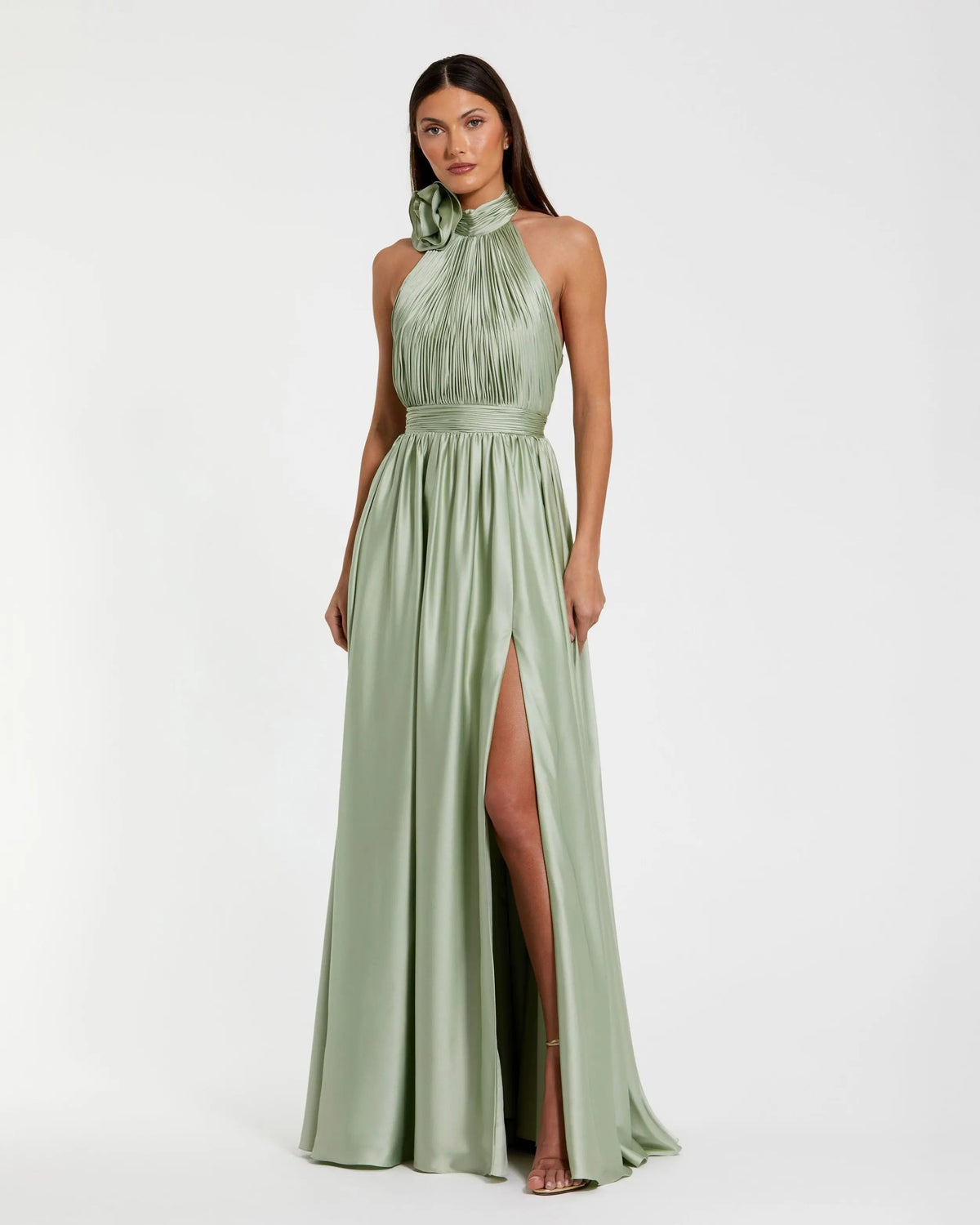 Green Halter Neck Open Back Satin Gown With Slit