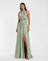 Green Halter Neck Open Back Satin Gown With Slit