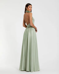 Green Halter Neck Open Back Satin Gown With Slit