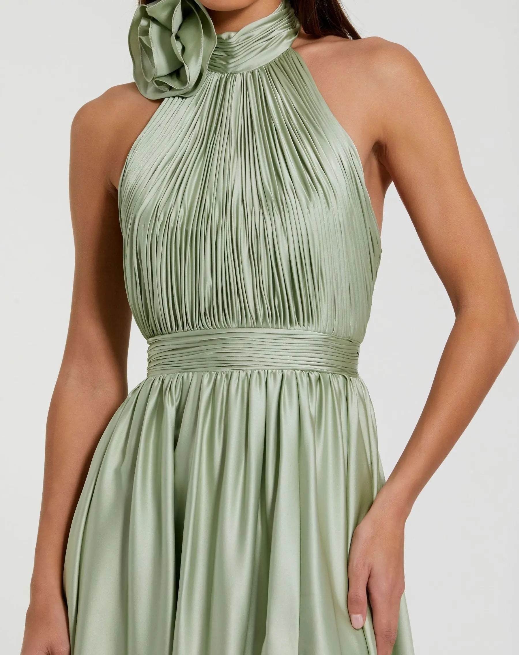 Green Halter Neck Open Back Satin Gown With Slit