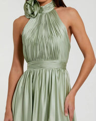 Green Halter Neck Open Back Satin Gown With Slit