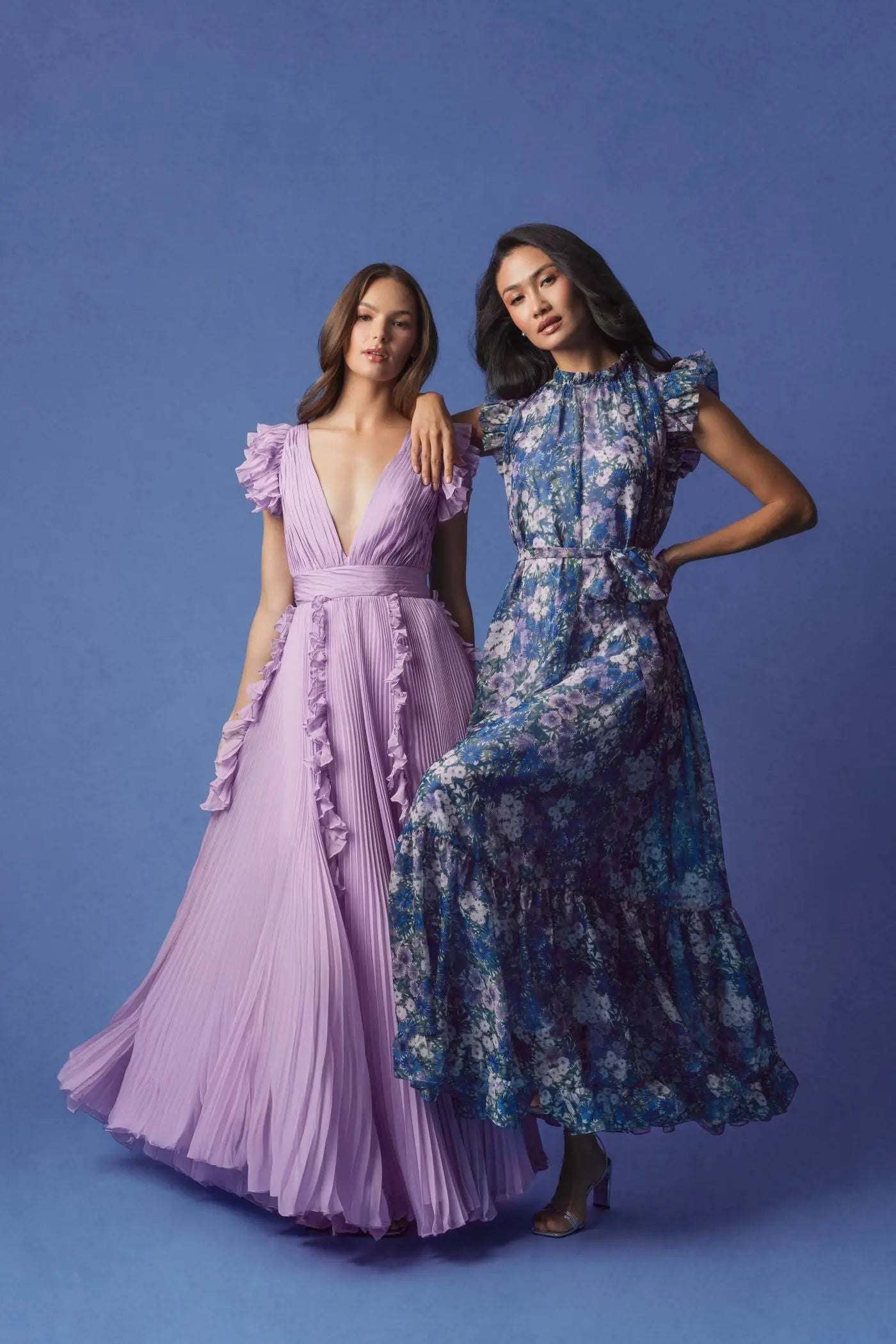 Purple Floral Chiffon Cap Sleeve Gown