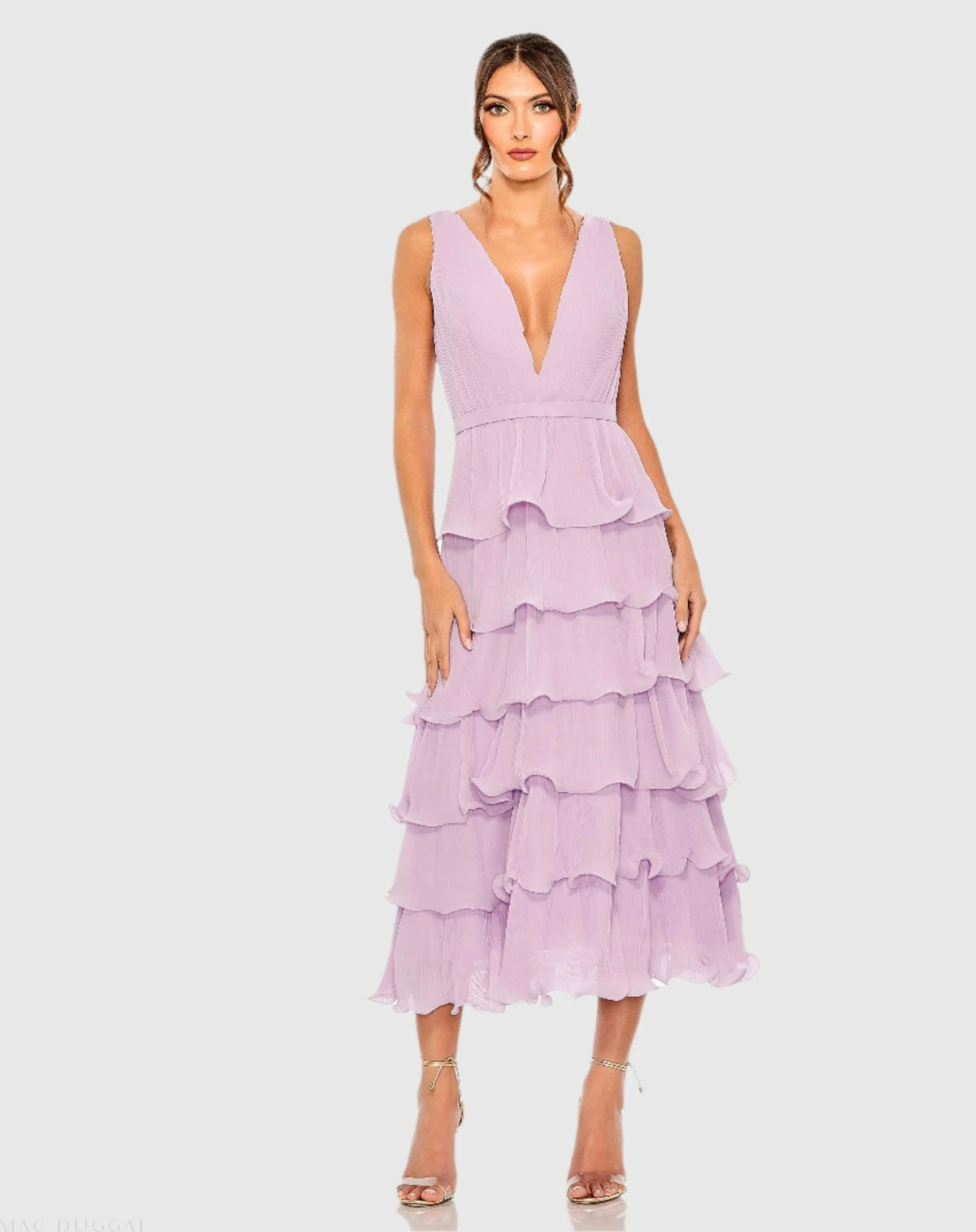 Purple Plunge Neck Sleeveless Chiffon Ruffle Midi Dress
