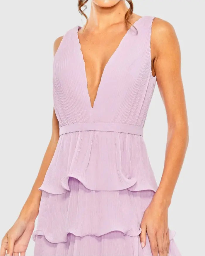 Purple Plunge Neck Sleeveless Chiffon Ruffle Midi Dress