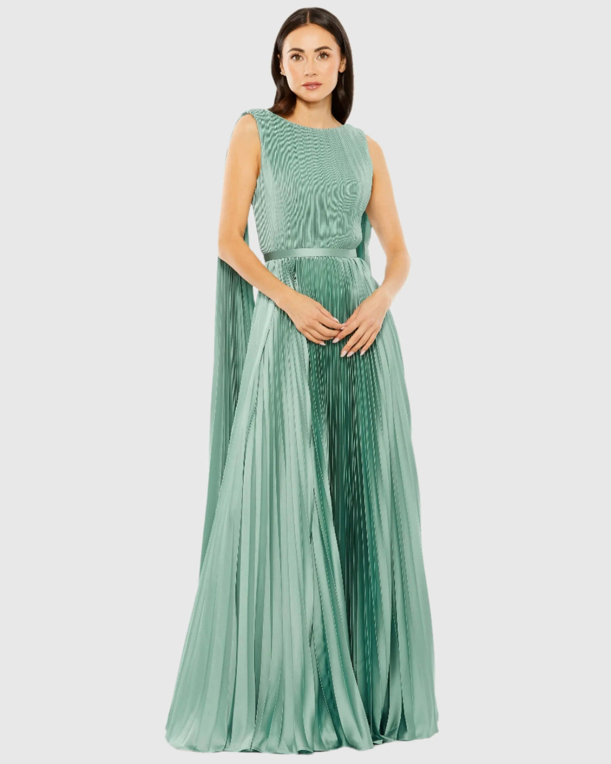 Green Pleated Cape Back Gown