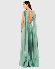 Green Pleated Cape Back Gown