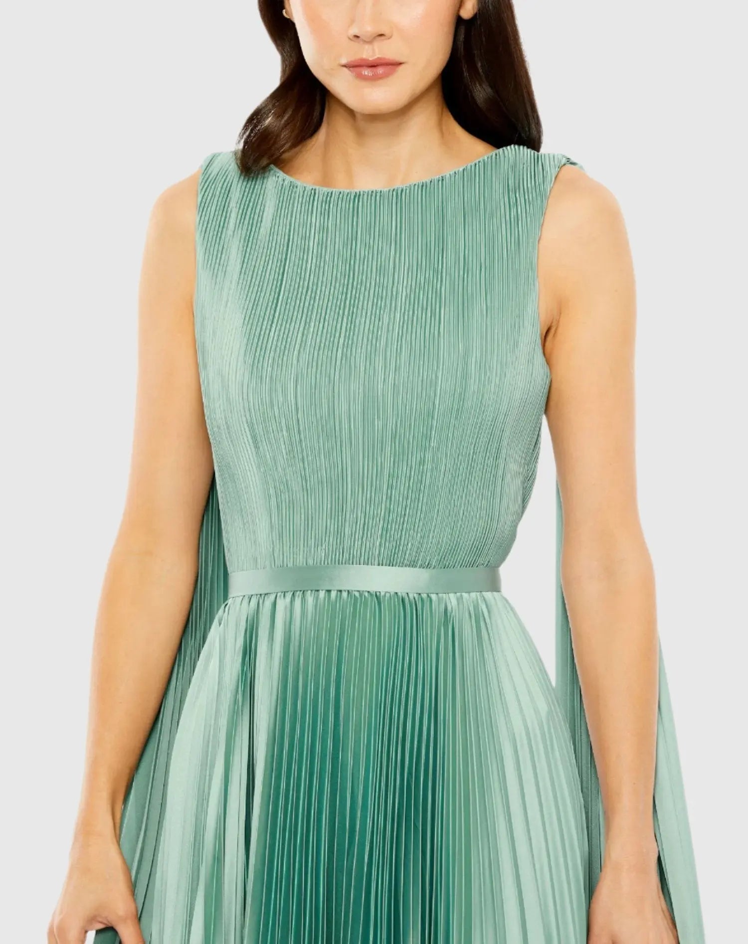 Green Pleated Cape Back Gown