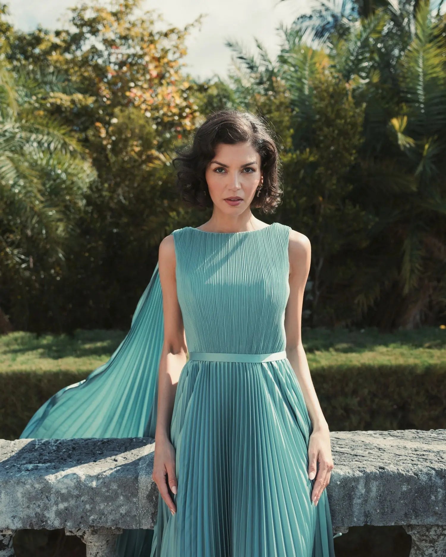 Green Pleated Cape Back Gown