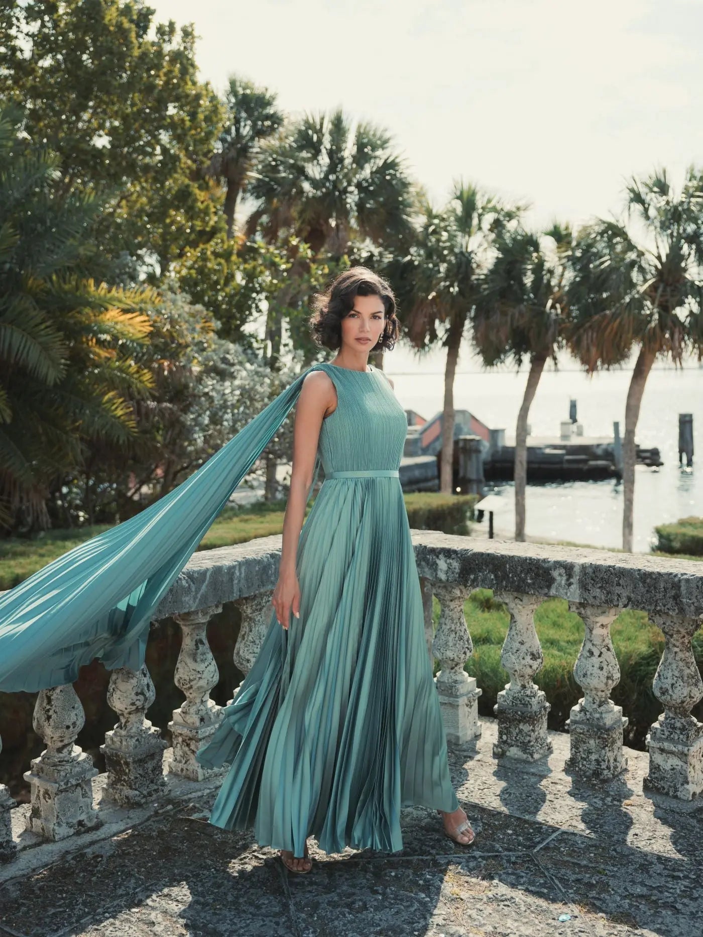 Green Pleated Cape Back Gown
