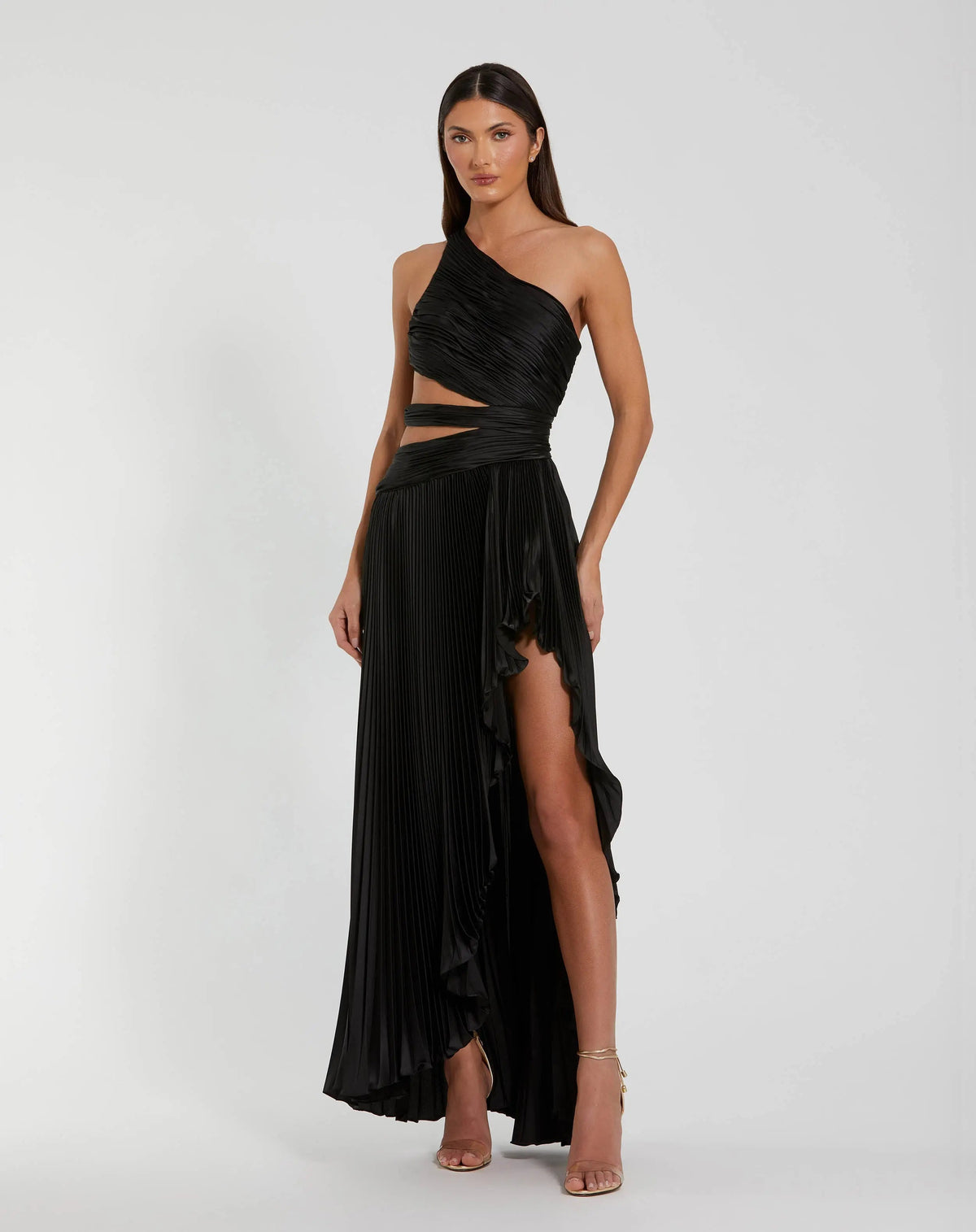 One Shoulder Pleated Charmeuse Gown with Slit