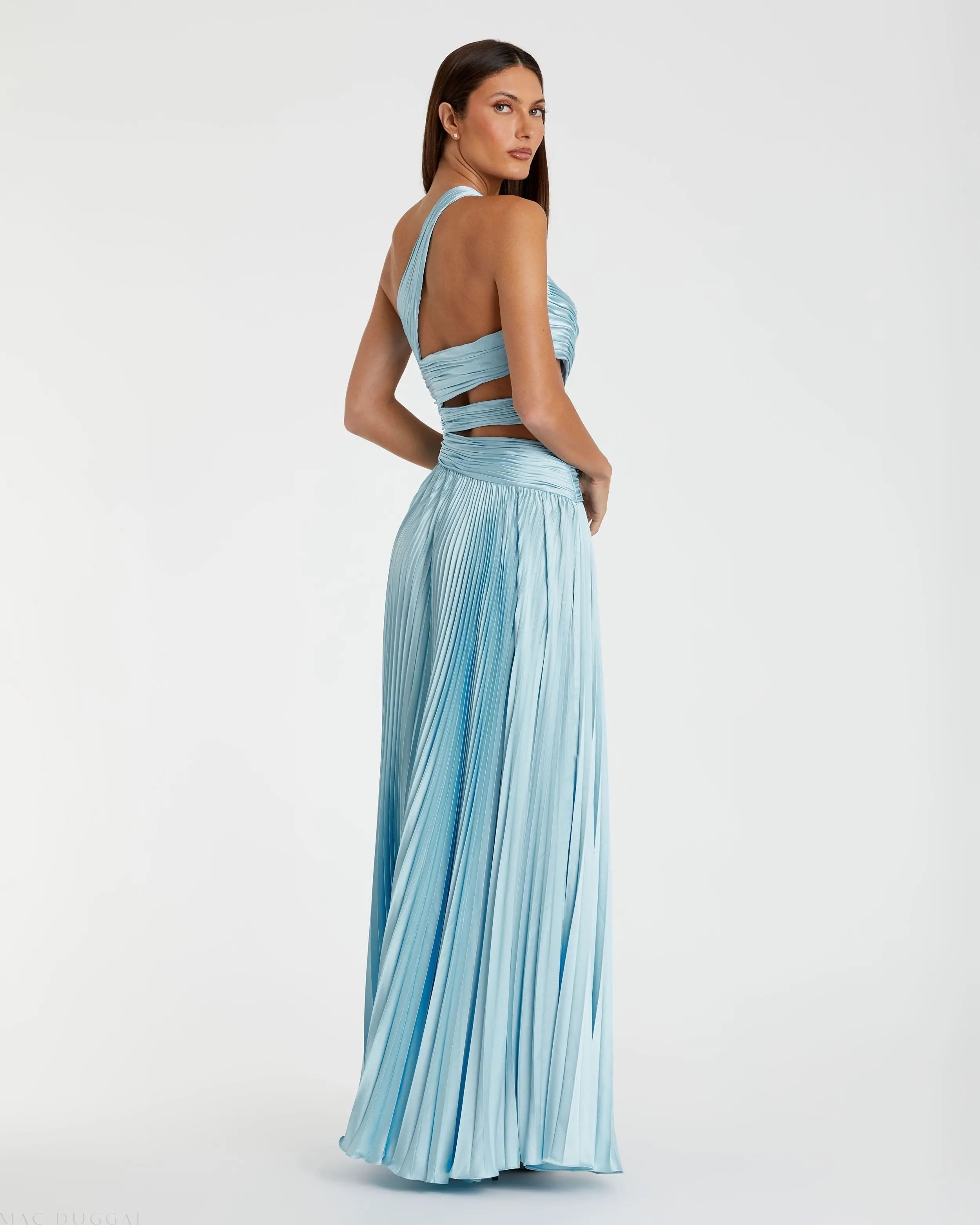 Blue One Shoulder Pleated Charmeuse Gown with Slit