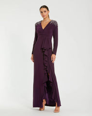 Purple Rhinestone Embellished Long Sleeve Ruffle Gown