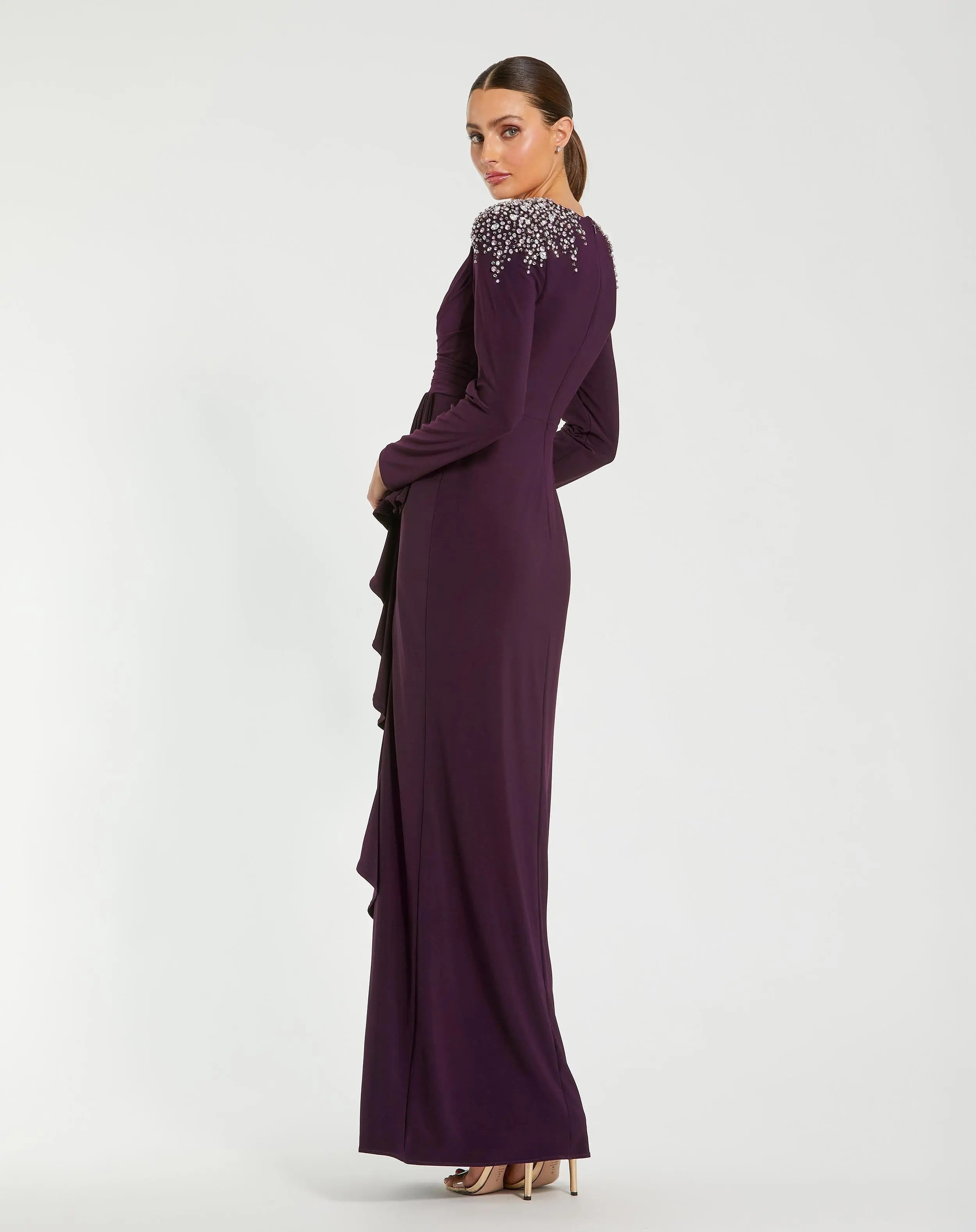 Purple Rhinestone Embellished Long Sleeve Ruffle Gown