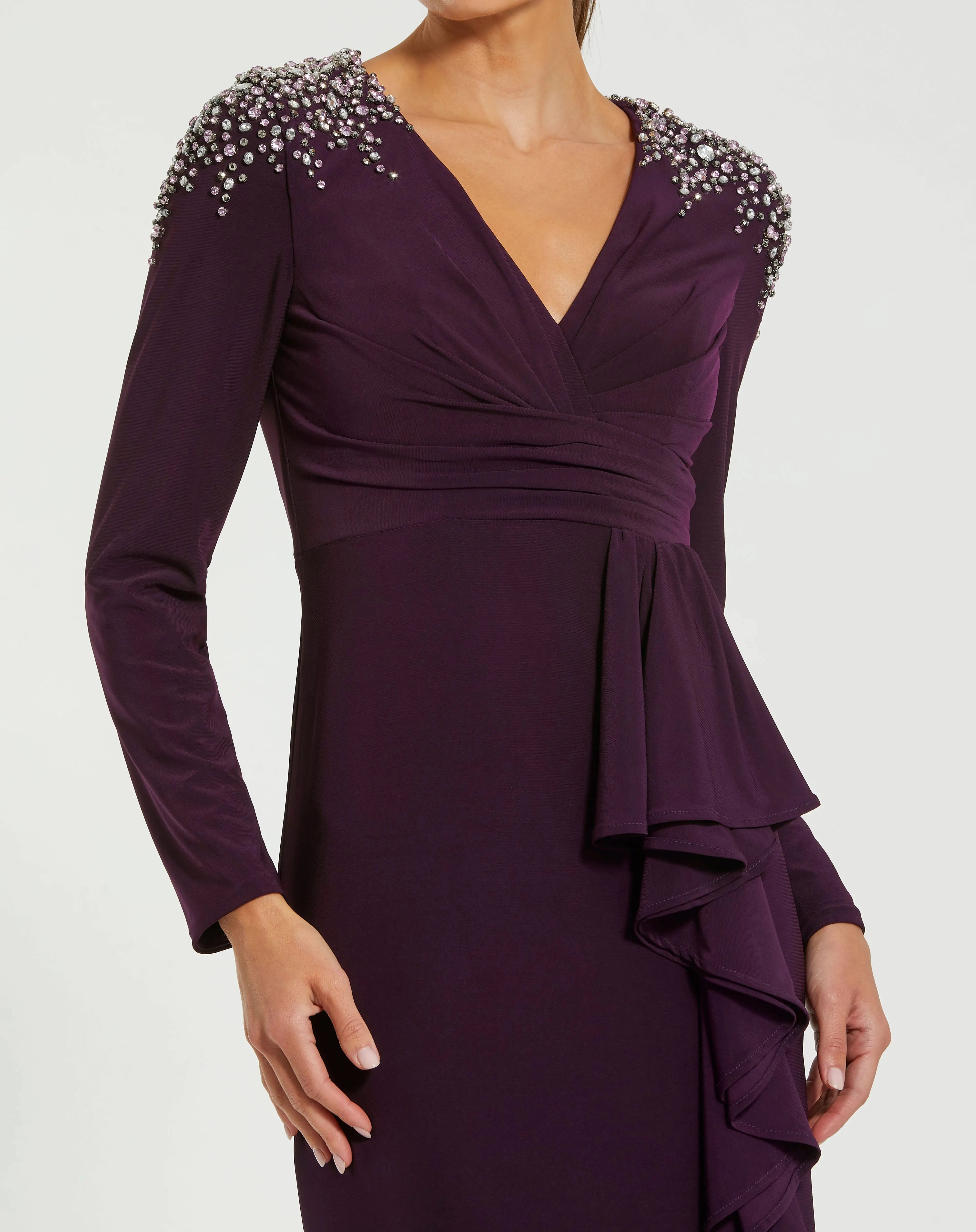 Purple Rhinestone Embellished Long Sleeve Ruffle Gown