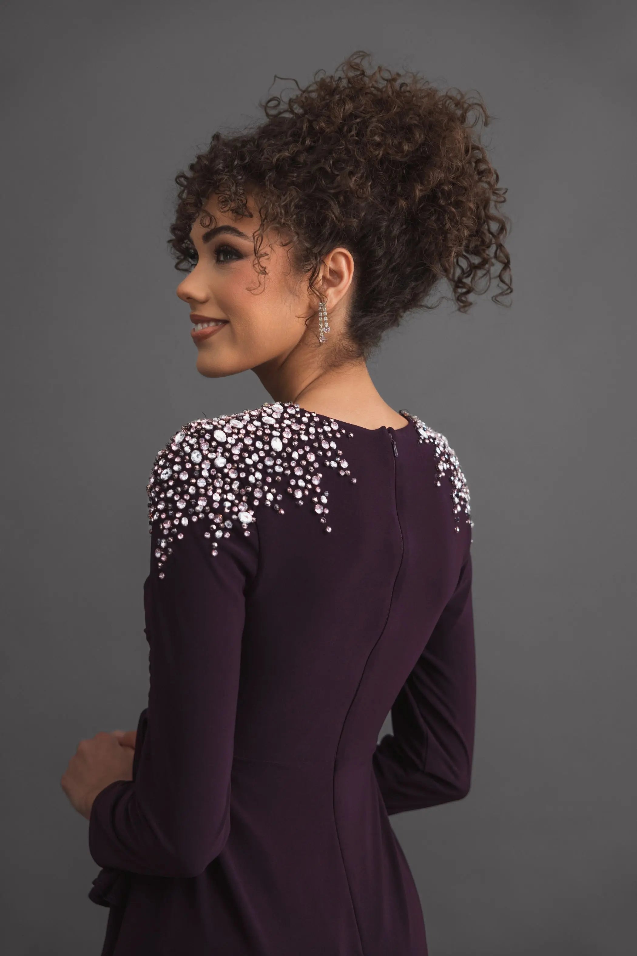 Purple Rhinestone Embellished Long Sleeve Ruffle Gown