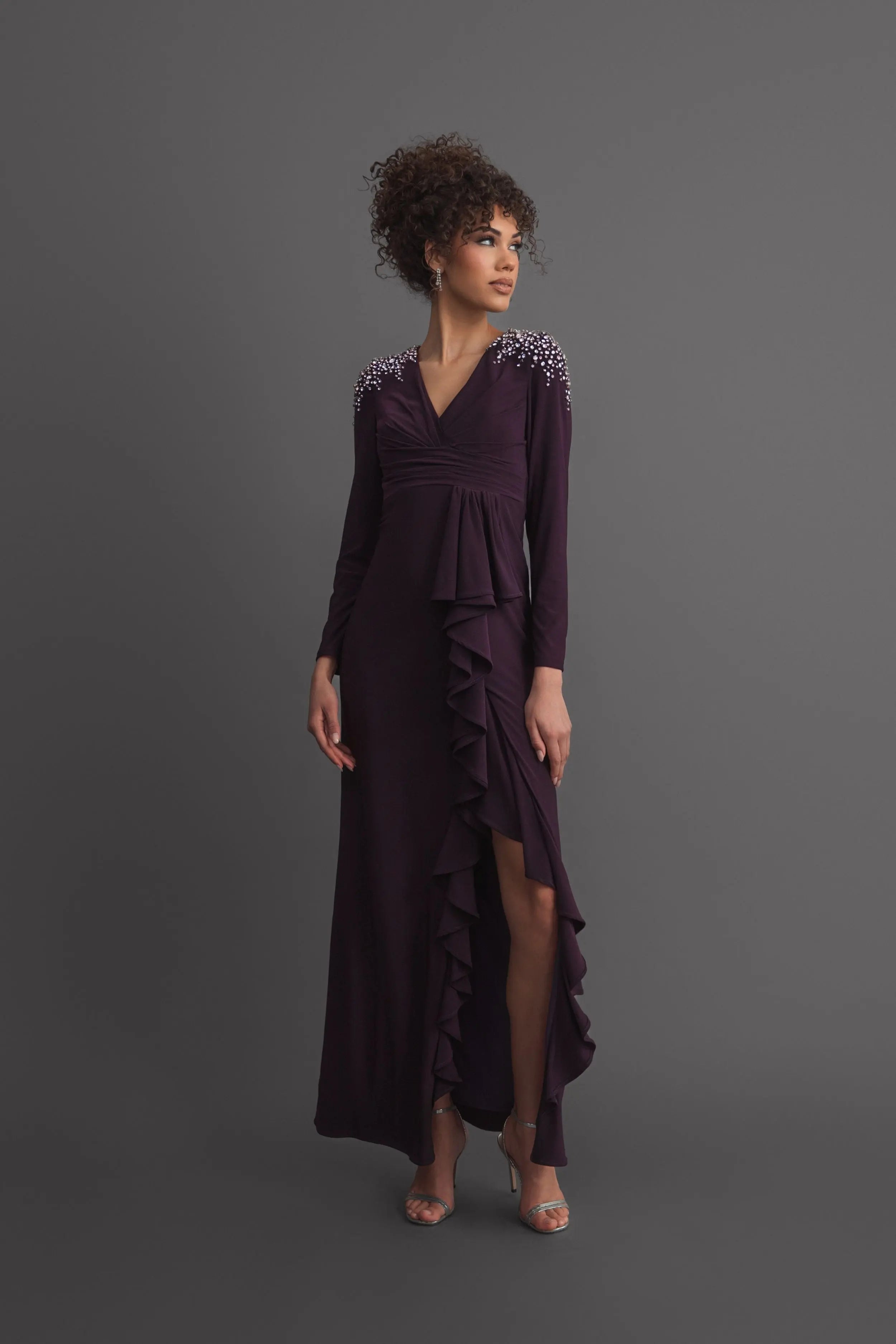 Purple Rhinestone Embellished Long Sleeve Ruffle Gown
