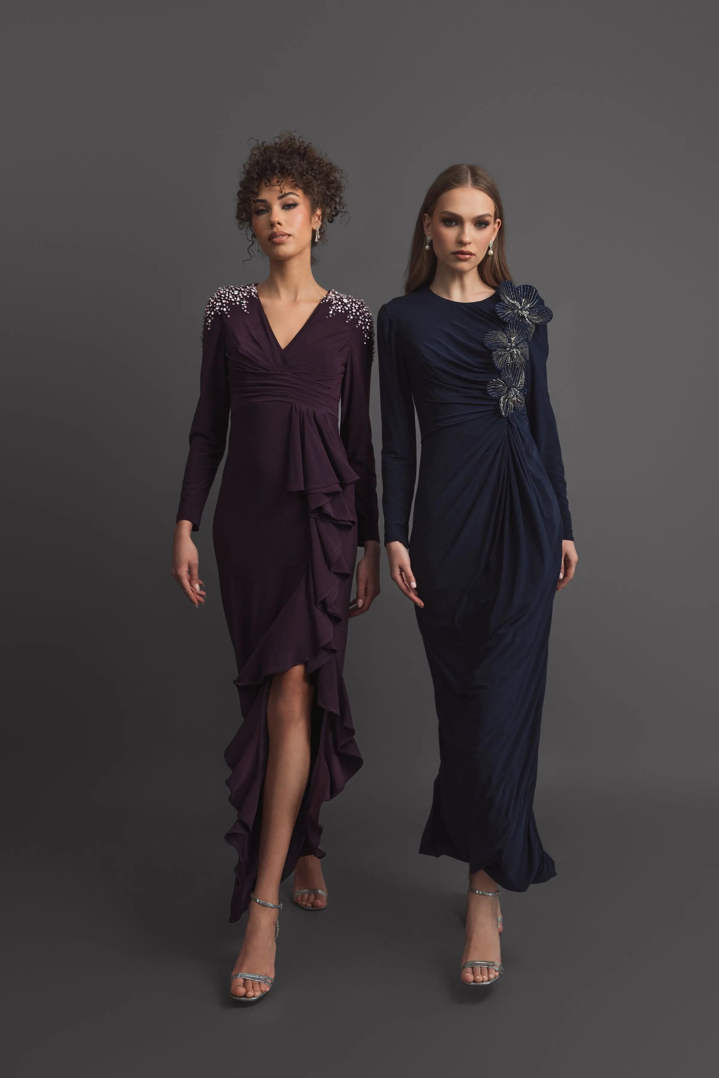 Purple Rhinestone Embellished Long Sleeve Ruffle Gown