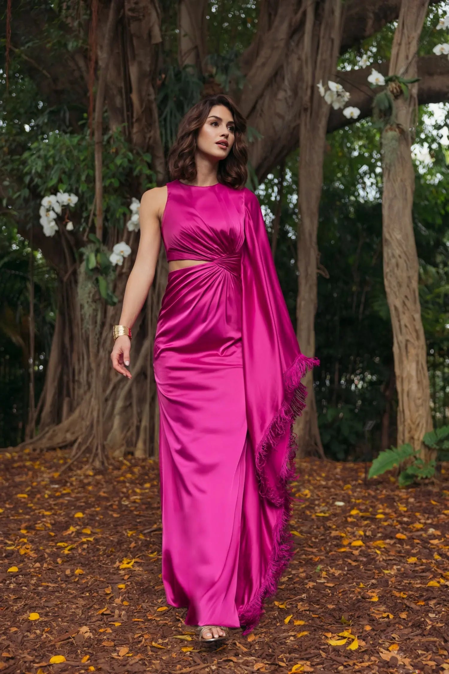 Hot Pink Cut Out Fringe Kaftan Gown