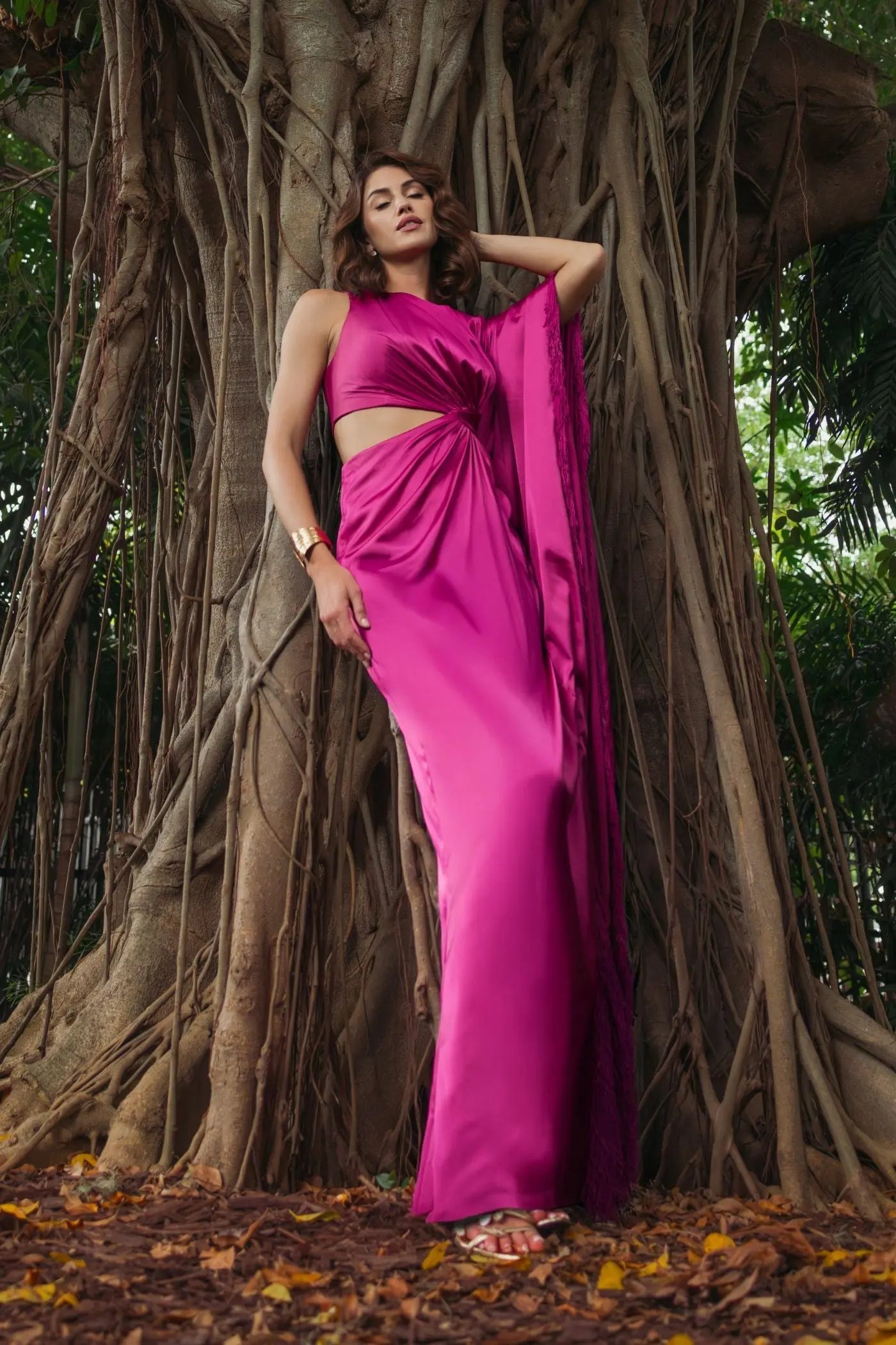 Hot Pink Cut Out Fringe Kaftan Gown