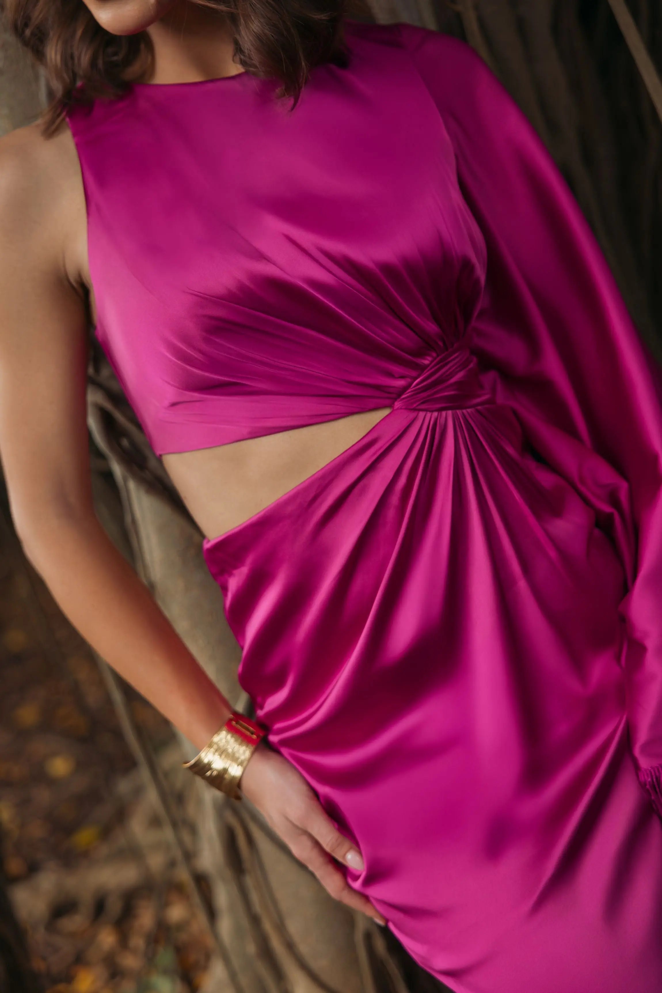 Hot Pink Cut Out Fringe Kaftan Gown