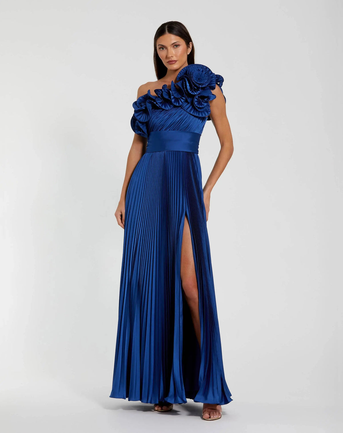 Blue Ruffled One Shoulder Charmeuse Evening Gown