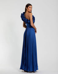 Blue Ruffled One Shoulder Charmeuse Evening Gown