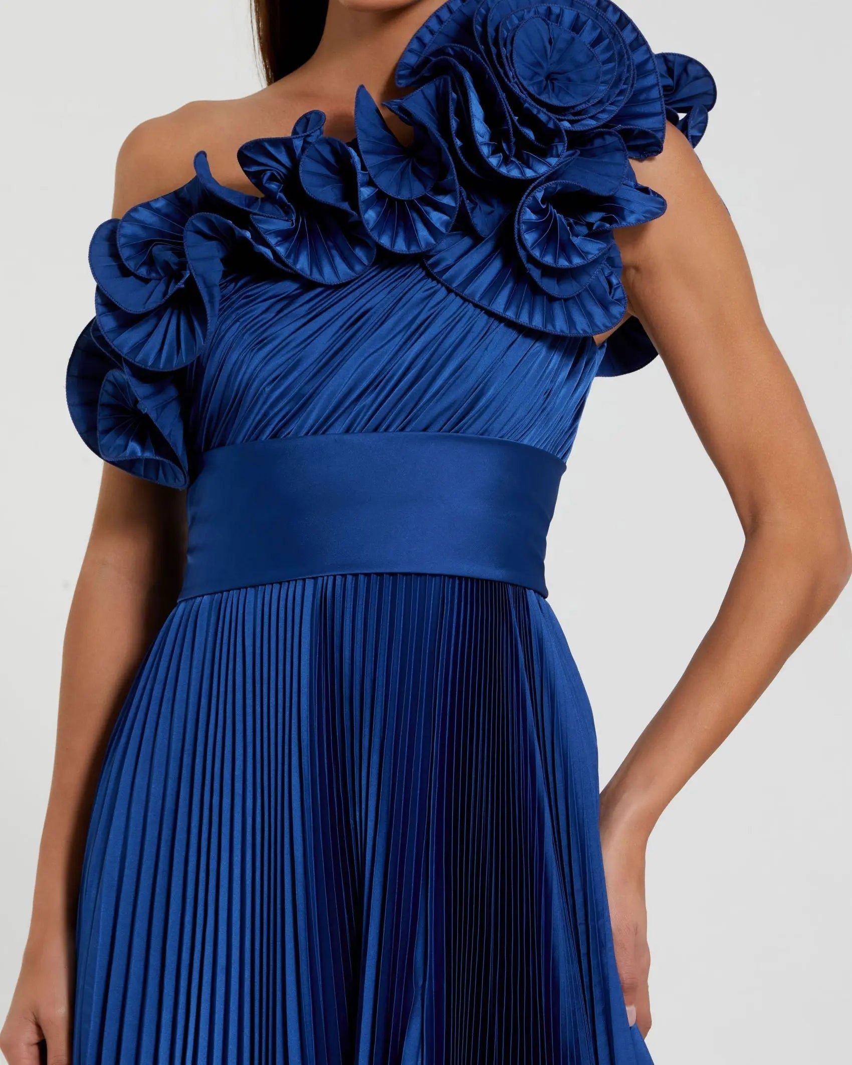 Blue Ruffled One Shoulder Charmeuse Evening Gown