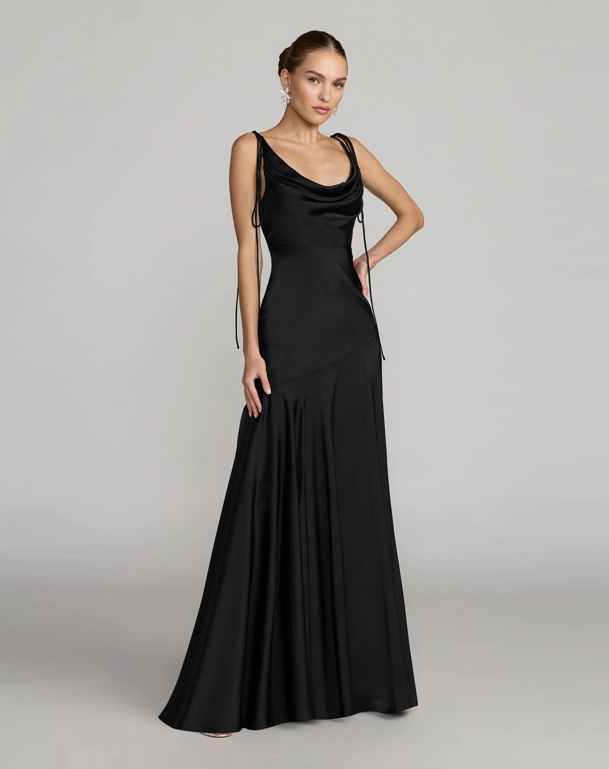 Charmeuse Cowl Neck Gown with Bow Straps