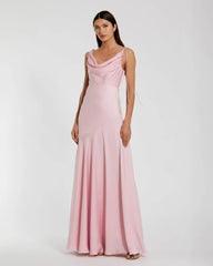 Charmeuse Cowl Neck Gown with Bow Straps