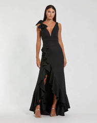 Sleeveless Ruffled V-Neck Gown With Bow