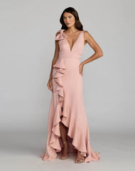 Sleeveless Ruffled V-Neck Gown With Bow