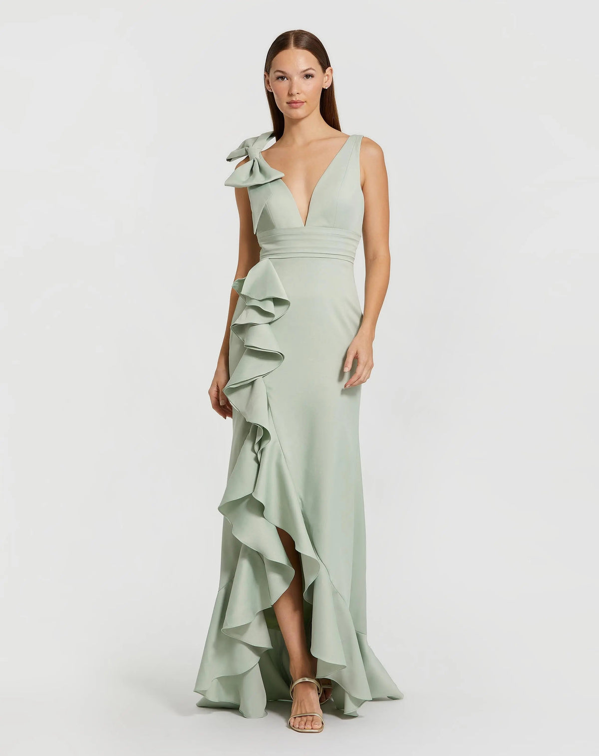 Green Ruffle Trumpet Gown With Bow