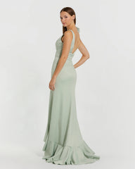Green Ruffle Trumpet Gown With Bow