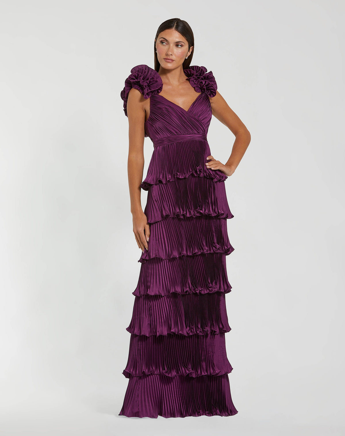 Purple Pleated Charmeuse Tiered Gown With Ruffle Straps