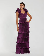 Purple Pleated Charmeuse Tiered Gown With Ruffle Straps