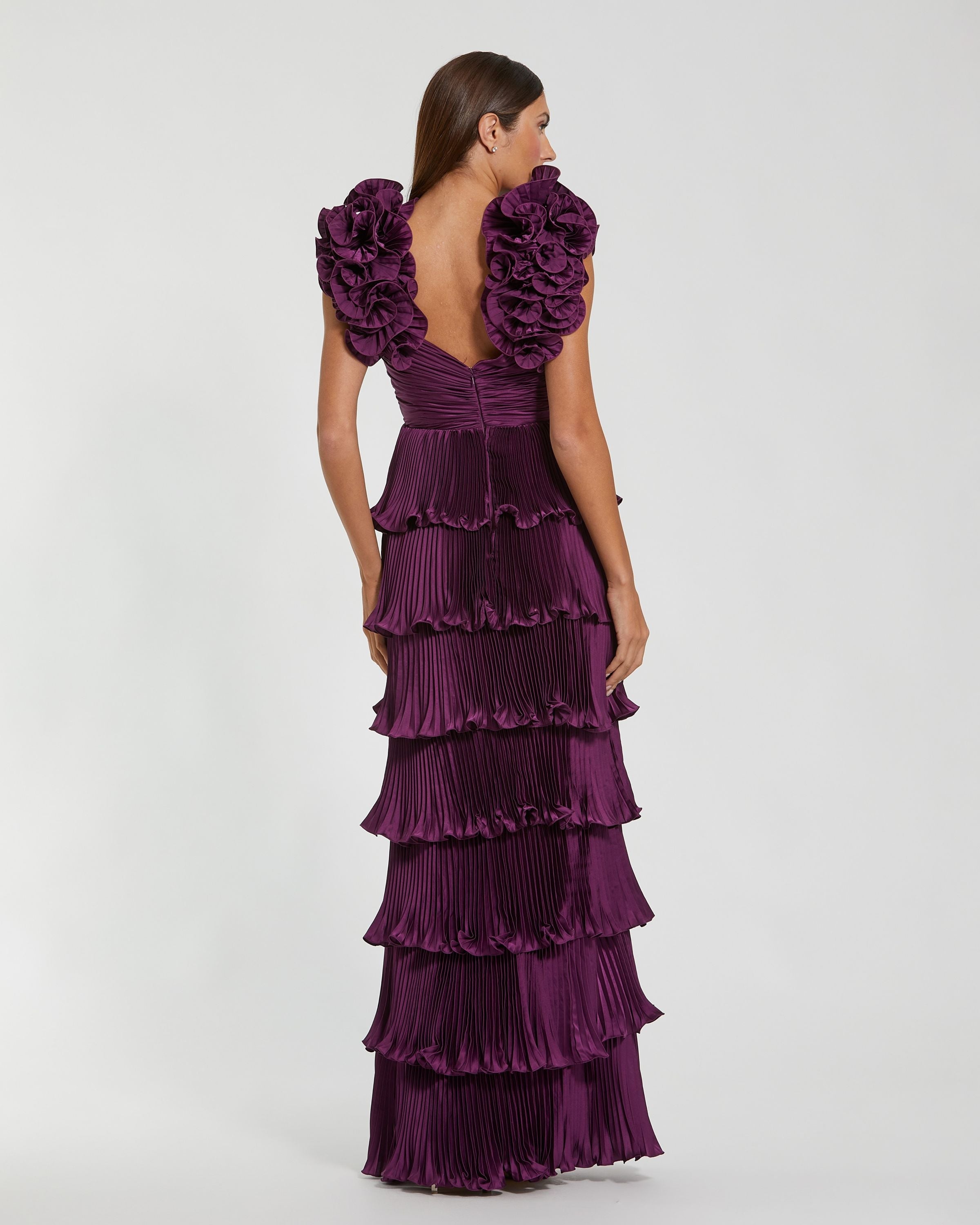 Purple Pleated Charmeuse Tiered Gown With Ruffle Straps