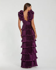 Purple Pleated Charmeuse Tiered Gown With Ruffle Straps