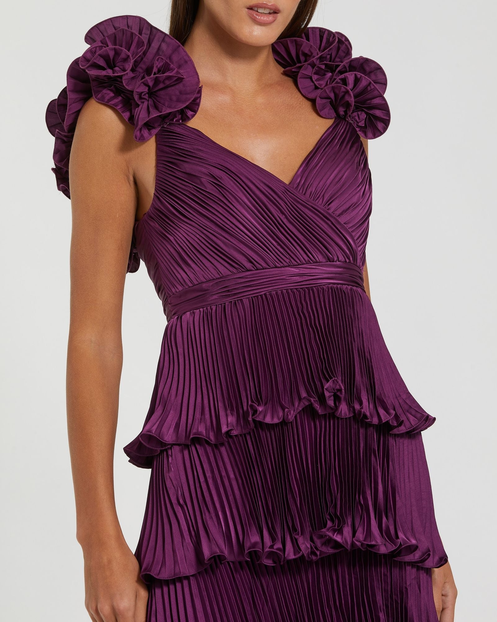 Purple Pleated Charmeuse Tiered Gown With Ruffle Straps