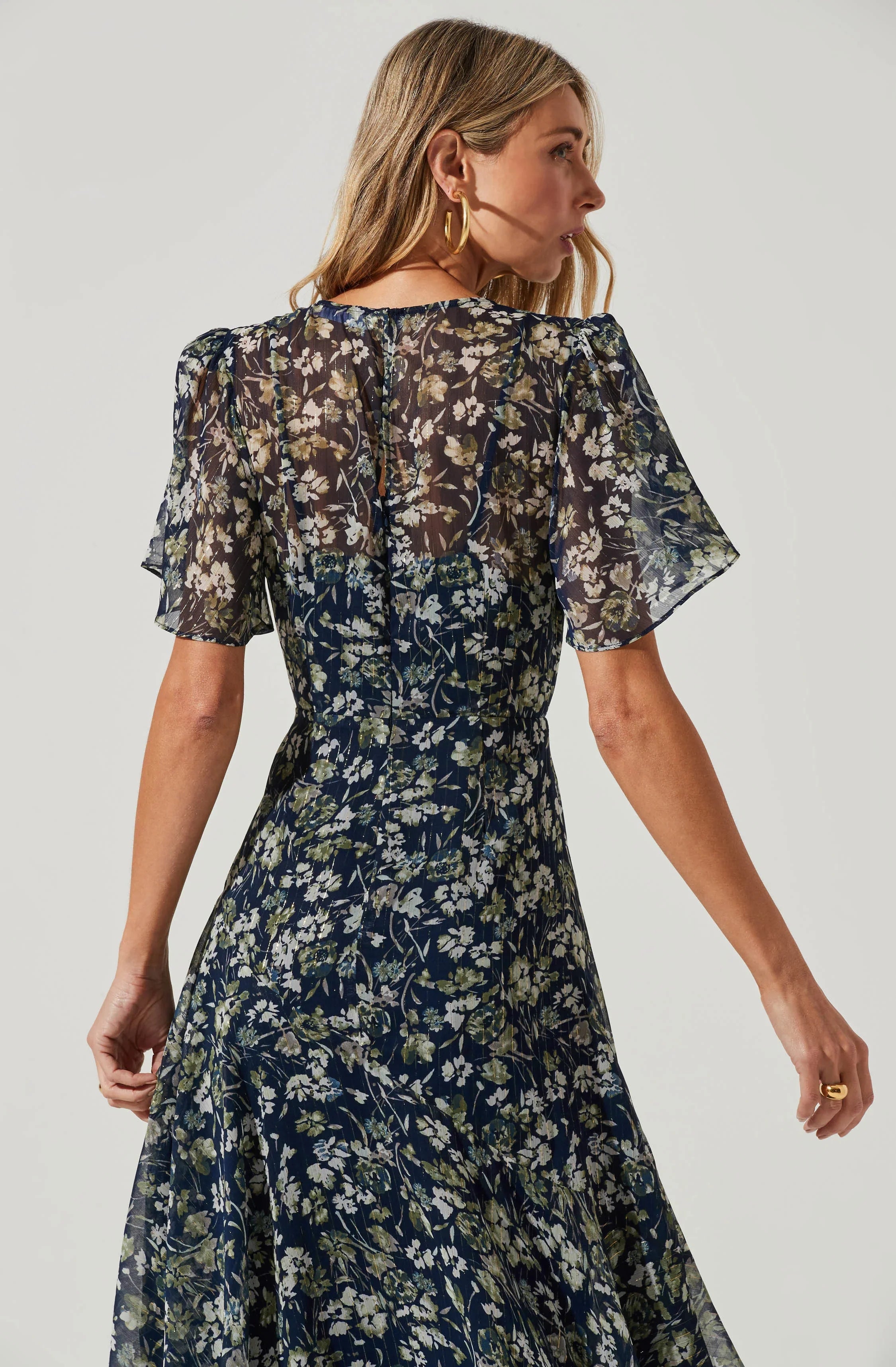 Inixyf Flutter Sleeve Floral Asymmetric Maxi Dress